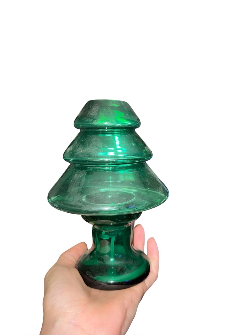 Vintage green glass spruce tree candle holder